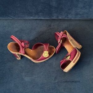 Marc Jacobs Burgundy Red Leather Buckle Detail Wooden Platform Sandals Size 36